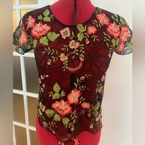 Antistar Sheer Lace Floral Embroidered Top